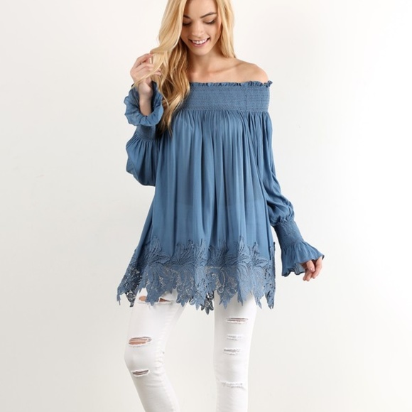 Toffee Mocha Tops - Off Shoulder Relaxed Fit Tunic - Chambray